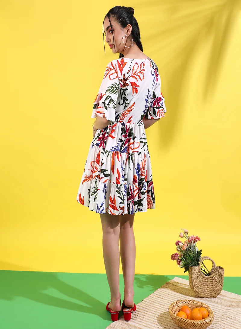 Pinacolada  Women's Printed Multicolour Short Sleeve Mini Length Regular Fit Dress For Casual Wear | Crewneck Dress Crafted With Comfort Fit And High Performance For Everyday Wear for Women | Best Price UAE